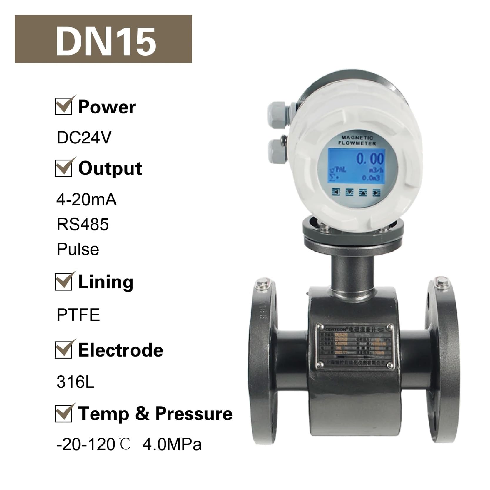 Caudalímetro electromagnético, caudalímetro magnético, sensor digital de caudal de líquidos, caudalímetro electromagnético industrial, caudalímetro de agua y fluidos. para Agua Líquida, Diésel(DN15)