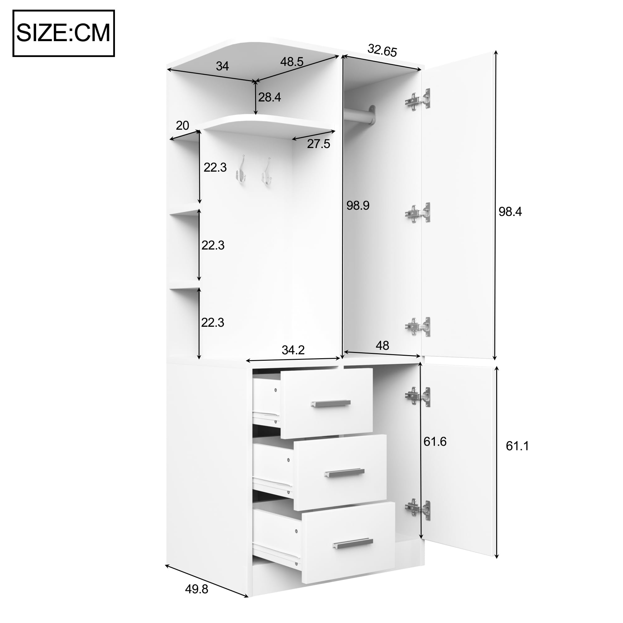 Armadio da corridoio, 70 x 50 x 170 cm, 3 cassetti, in legno, bianco