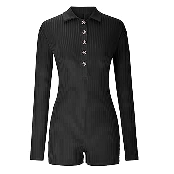 Tagold Women Ribbed Knit Romper Long Sleeve Button Front
