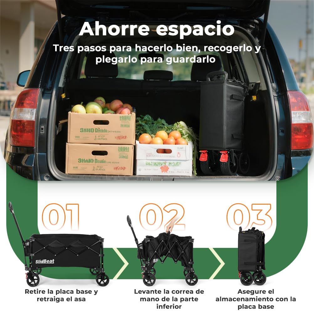 SLIDBEAT Carro de Playa Plegable (150L) para Camping, Picnic y Jardín. Carga 150KG, Ruedas Todo Terreno, Doble Freno y Mango Ajustable. Recipiente Interior Extraíble y Lavable a Máquina