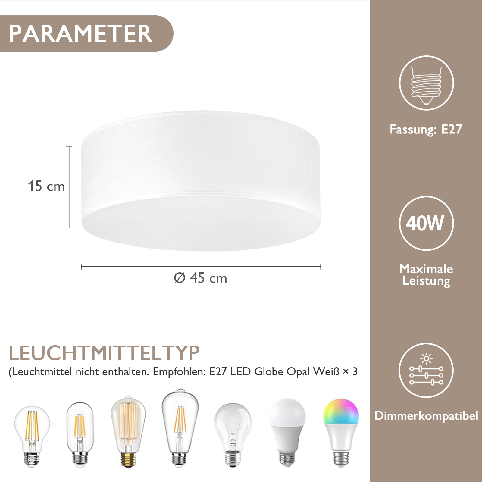 CALOKES Moderne Runde Stoff Deckenlampe Ø45cm mit 3 E27 Fassungen, Weiße Deckenleuchte für Wohnzimmer Schlafzimmer Küche Flur, Deckenbündige Deckenlampen, Ceiling Leuchte
