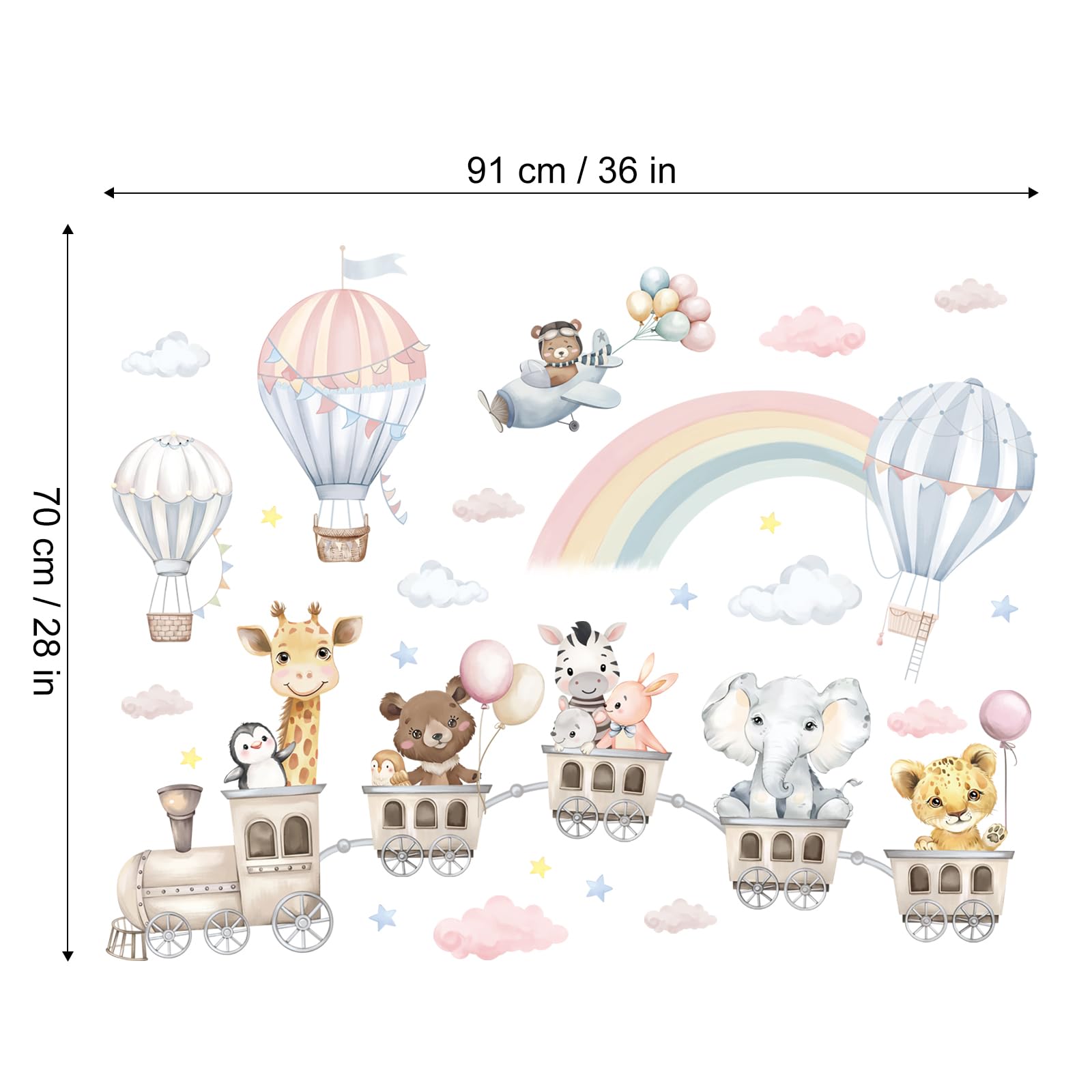 Stickers Muraux Enfant Train des Animaux Aquarelle Montgolfières Arc-en-Ciel et Nuages Décoration Murale Pastel Autocollants Amovibles pour Chambre Bébé Pépinière Salon