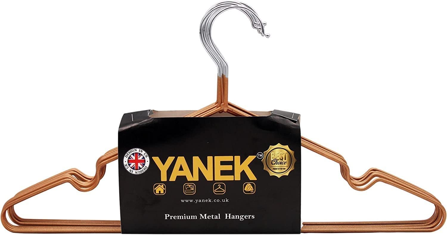 YANEK Metal Hangers | For Shirt, Coat, Trousers | Strong, Anti Slip & Space Saving | Rubber Coated, 40 CM (Gold, 100)
