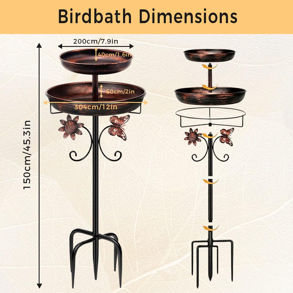 115cm Vogeltränke Stehend, Vogelbad für Draußen Garten, 2 In 1 Wassertränke für Vögel, Vogelbad Garten Stehend mit Stabiler 5-Zinken-Basis für Garten und Rasen, Winterfest Futter Wasserschale