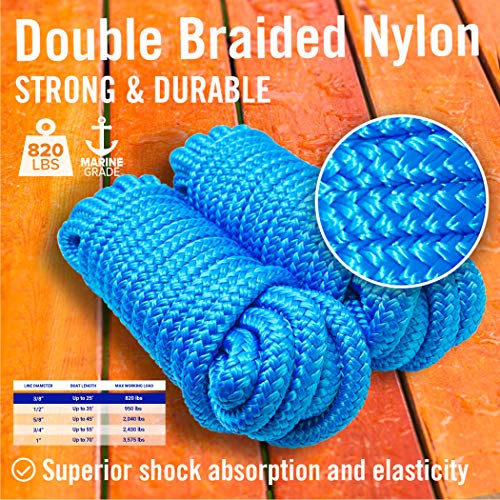 Image of Dock Lines for Boats 3 /8 inch x 15ft, 2 Pack Double Braided Nylon Boat Rope | 12 inch Loop, Marine Grade Mooring Line for Docking, Blue, Better Boat