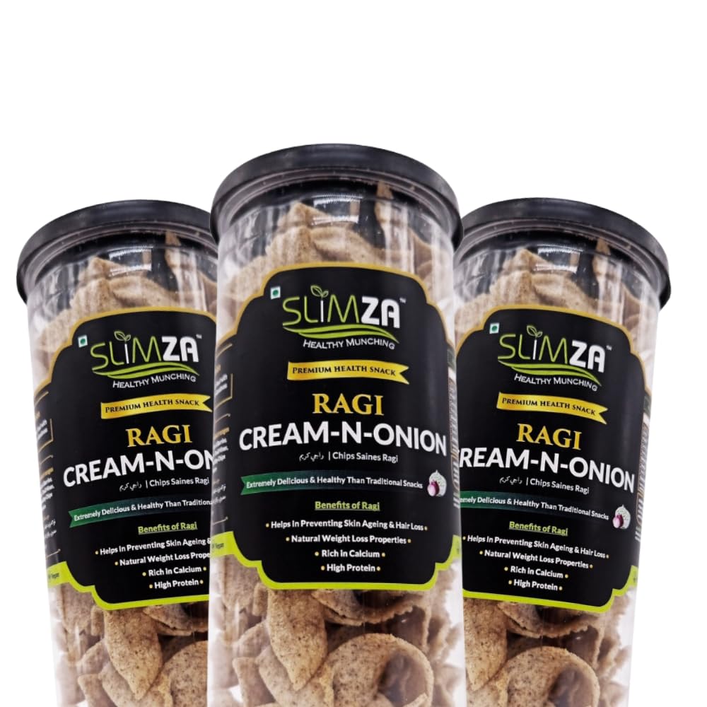 Slimza Healthy Premium Ragi Chips-Cream N Onion (450gm) | High Protein, Fiber | Low fat, Weight loss | Diet Food snack | No Preservative | Vegan | No MSG | For Kids, Adult (Super Combo (3x150gm))