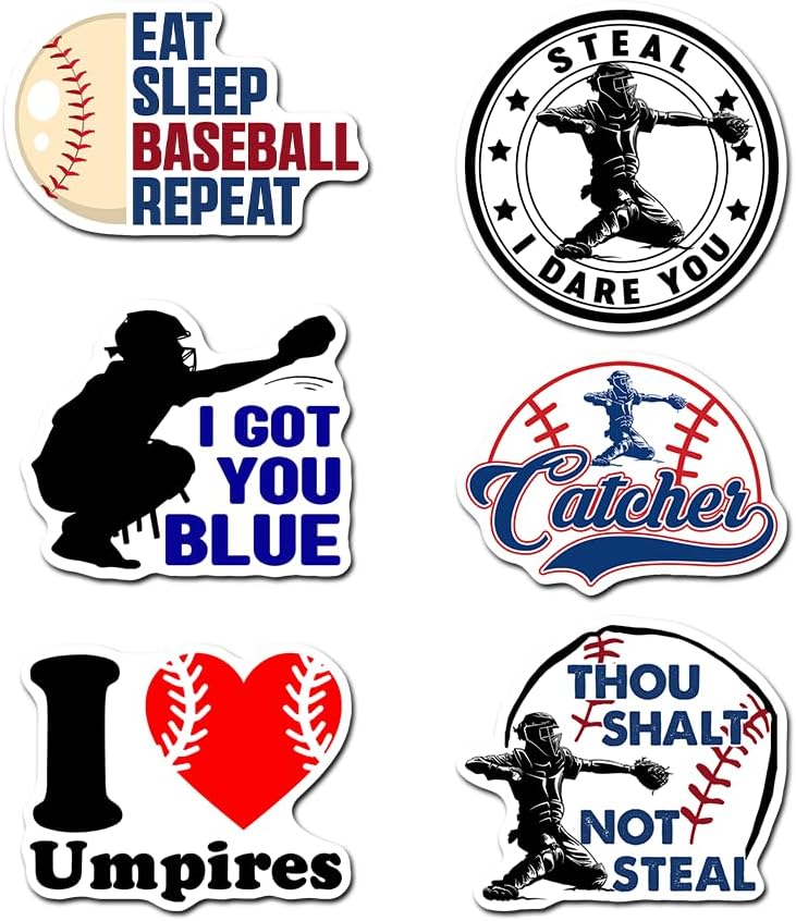 (6 PCS) Baseball Catcher Sticker Pack Steal I Dare You, Thou Shalt Not Steal, I Love Umpires, I Got You Blue, Catcher Life Funny Sports Decals for Helmet, Laptop, Water Bottle 3 Inches