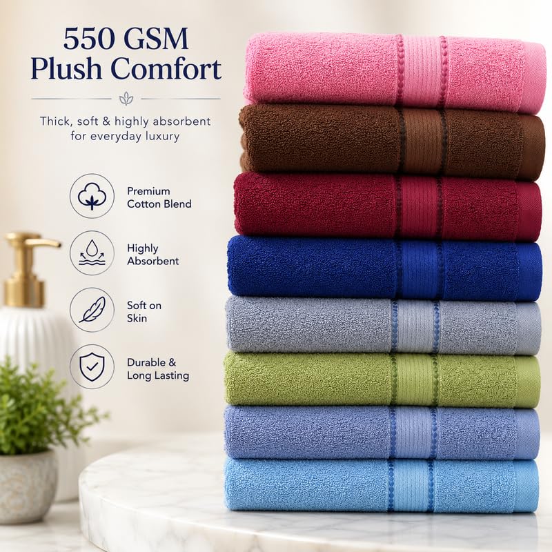 Image of TowelWala Hand Towel 550 GSM Soft Absorbent Quick Dry (Multi Pack of 7) | Premium 550 GSM cotton with woven border-quick drying and perfect for bathroom, kitchen, gym, and travel.