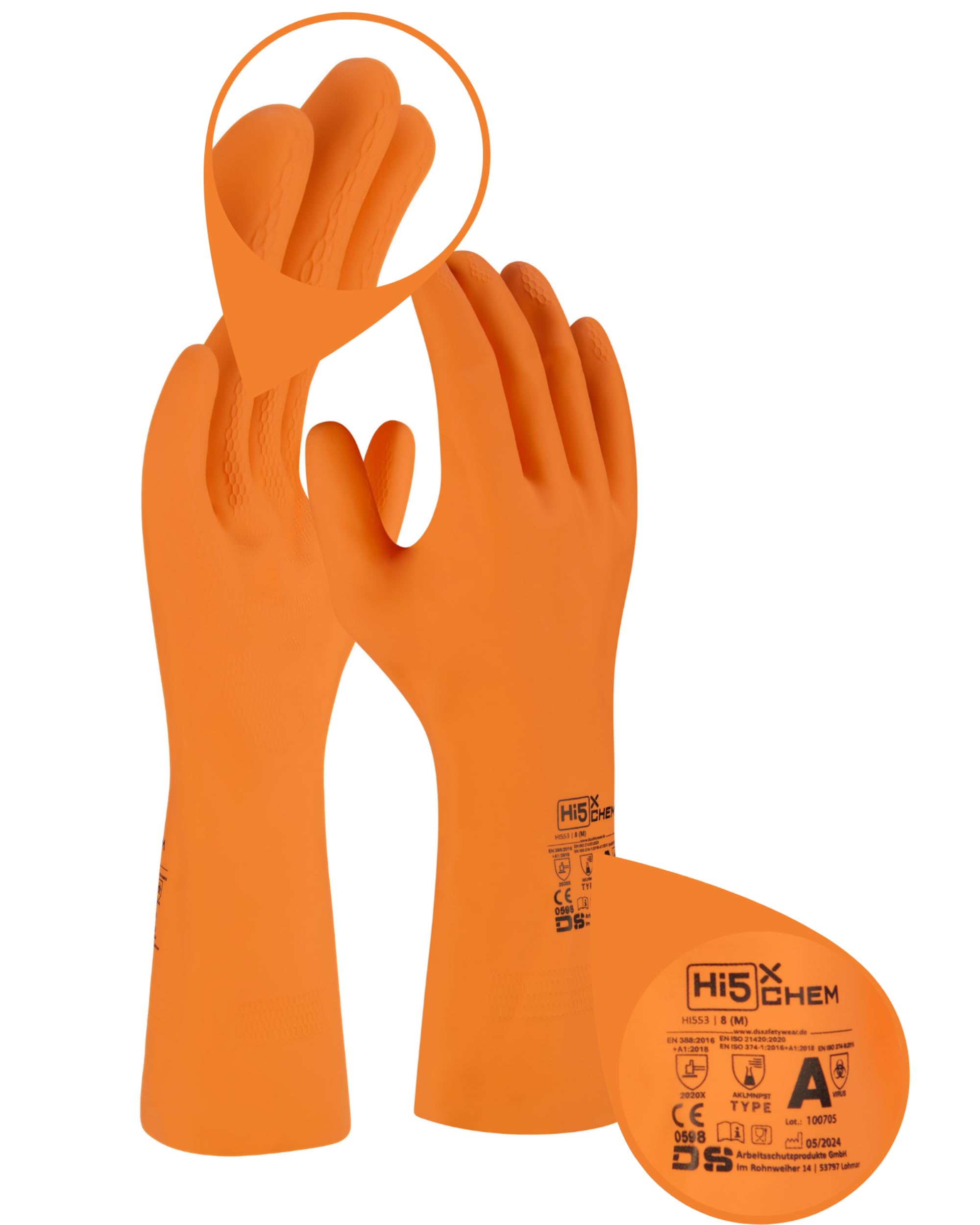 Hi5 X-Chem Chemikalienschutzhandschuhe Typ A – AKLMNPST – Naturkautschuk 0,70 mm – flockgefüttert – Anti-Rutsch – EN 374–1 Typ A & EN 388 – orange (XXL, 12, stück)