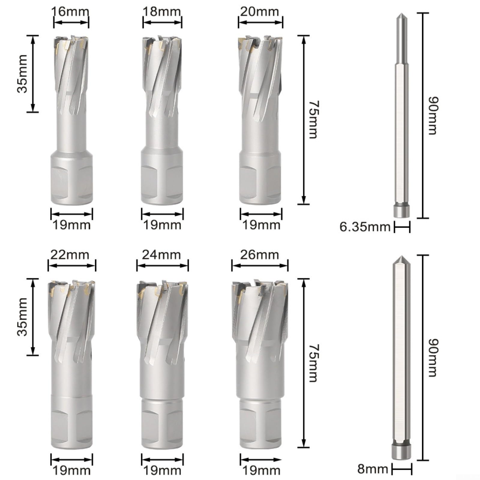 TCT - Juego de brocas anulares de 16-26 mm con puntas de carburo, cortadores de núcleo hueco para hierro y acero inoxidable, para taladros magnéticos, uso en taller