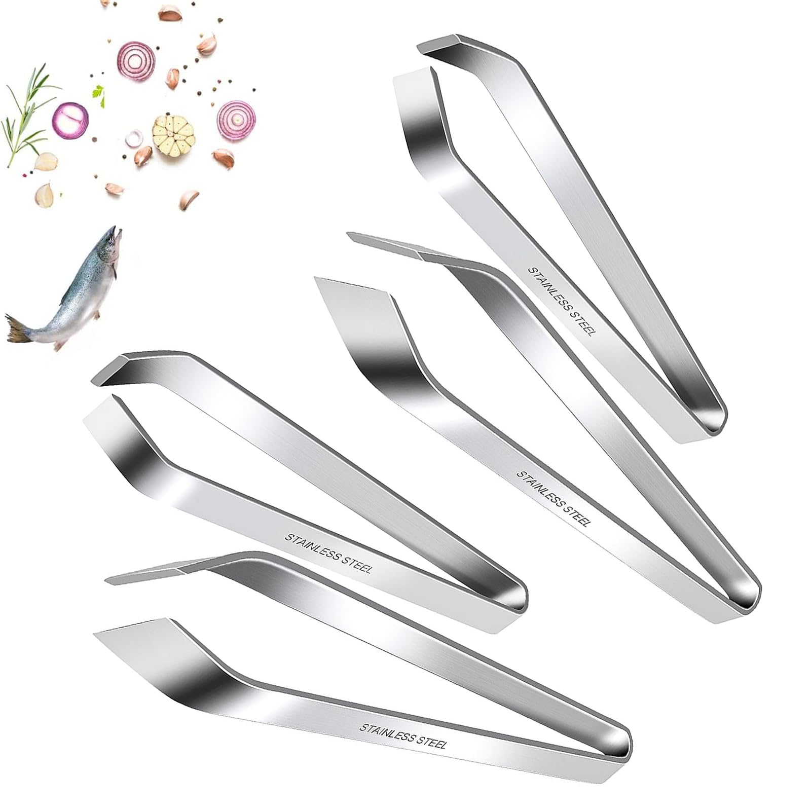 Amzuia 4 Pieces Fish Bone Tweezers Set,Fish Bone Tweezers Tool Set, Flat and Slant Stainless Steel Pliers, Remover for Fish Bone and Fowls Hair Removal, Practical Kitchen Cooking Tools