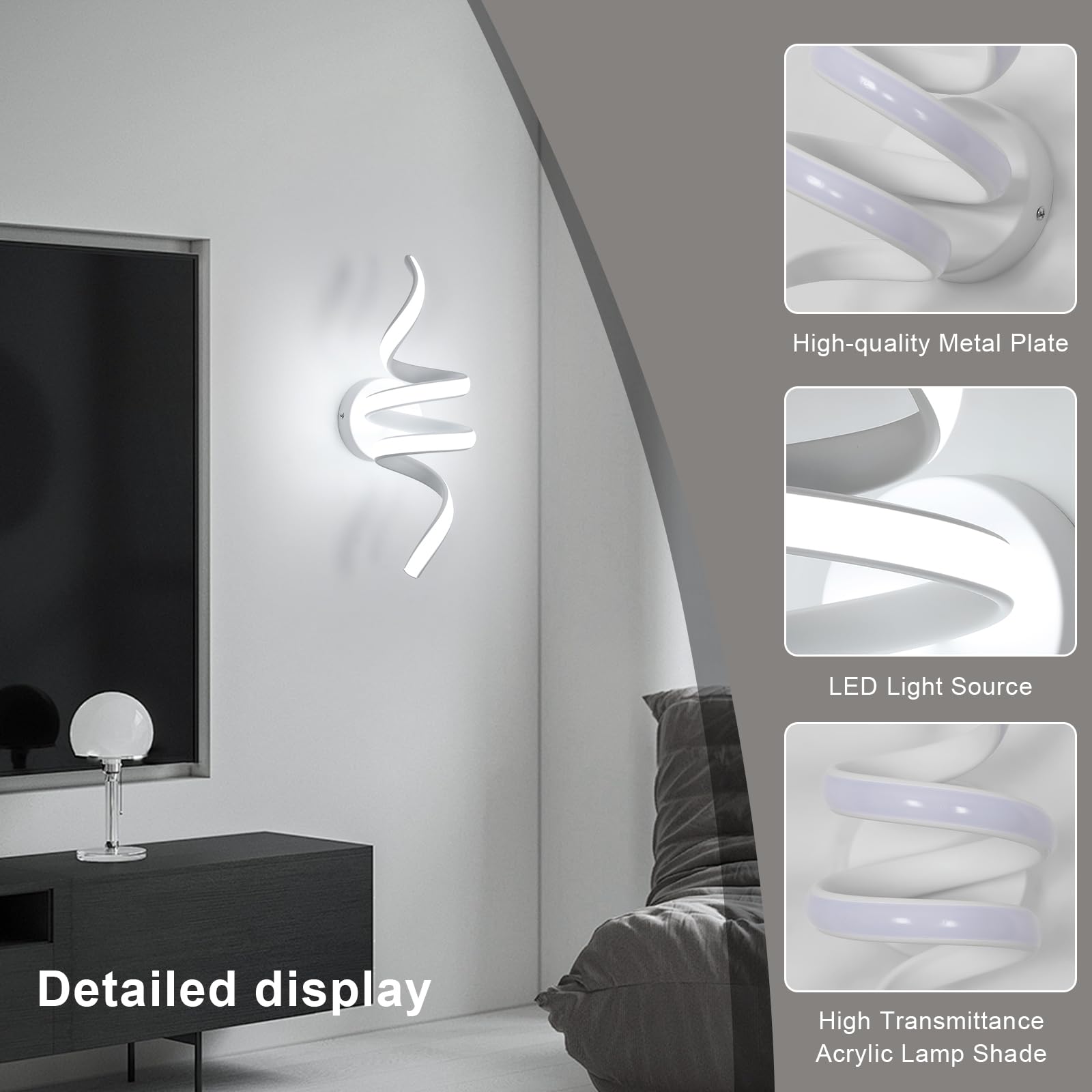 Applique da Parete Moderne, Lampada da Parete Interno Bianco in a Spirale 24W 2700LM, Lampada a Muro Design in Alluminio per Camera da Letto Soggiorno Scale Corridoio, Luce Bianca Fredda 6500K