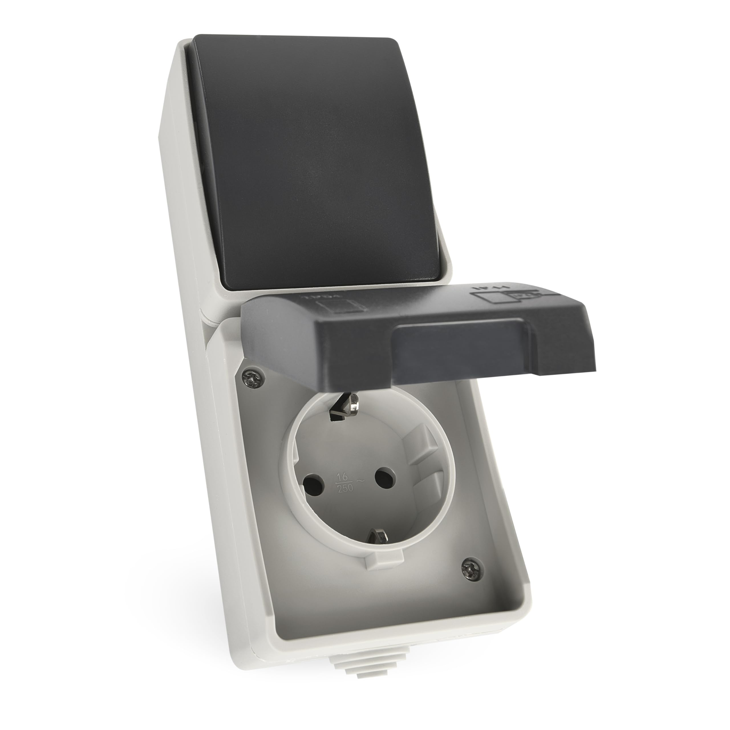 EMOS - Wechselschalter und Steckdose mit Schutzkontakt - Aufputz-Kombination Schuko-Steckdose und Schalter zur vertikalen Wandmontage - 250 V~/16 A max., IP44 für Feuchtraum und Außen - Schwarz-Grau
