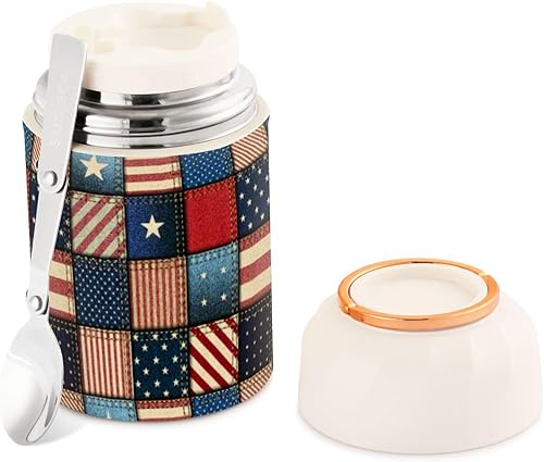 American Flag Food Jar with Spoon Stainless Steel Vacuum Insulated Food Container 17 oz Soup Thermos for Lunch