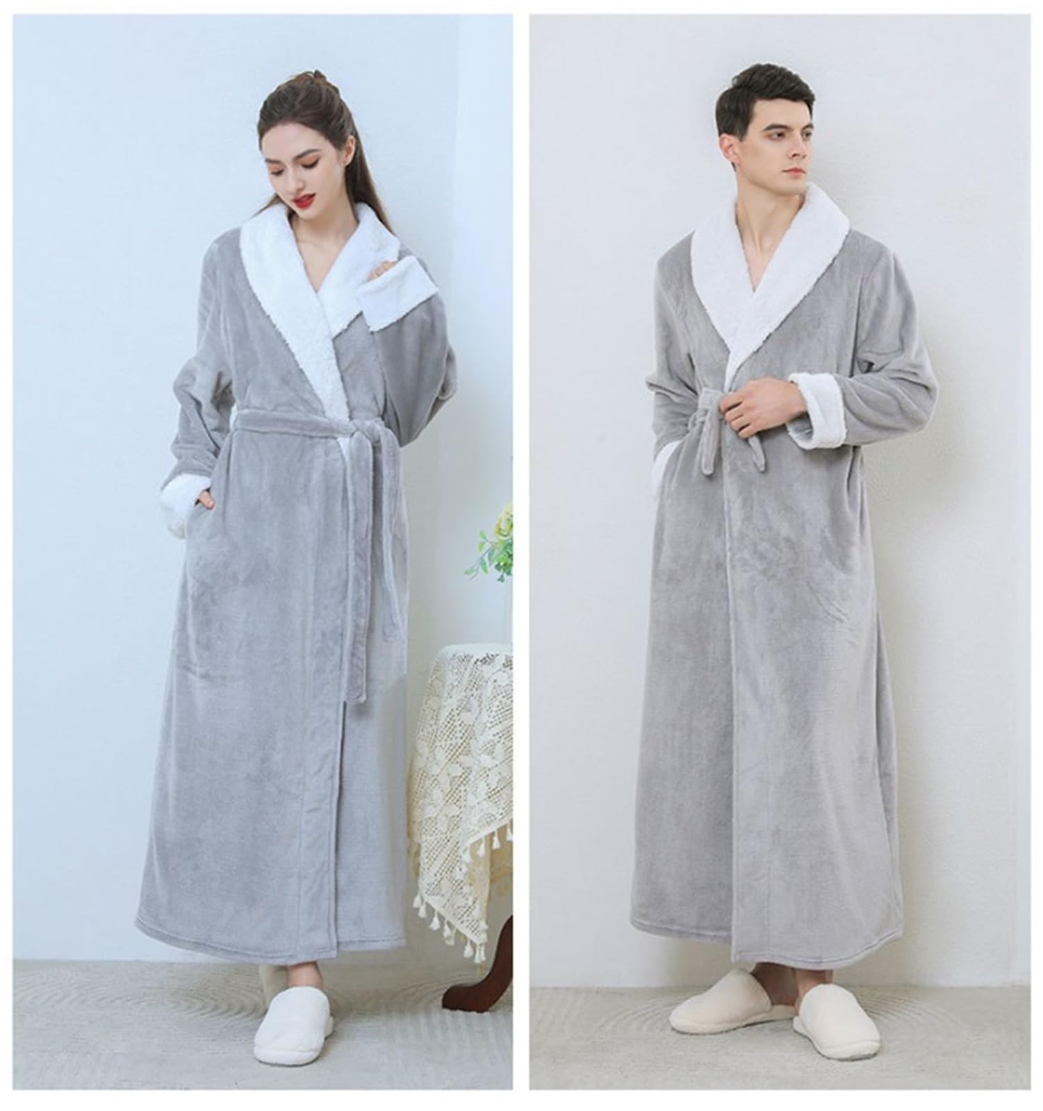 Albornoz Ducha Batas De Hombre Y Mujer, Bata Baño Suave Cálida Invierno, Largas Felpa con Cinturón Exterior Accappatoio para Viajes(G,M)