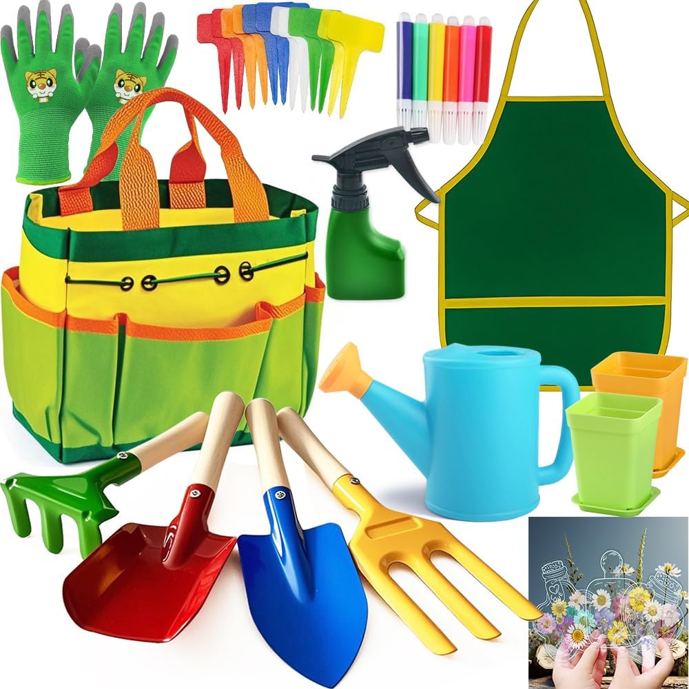 Kids Garden Tools Set Includes Rake, Shovel, Trowel, Apron Gloves Watering Can and Tote Bag, Children Hat, Spray Bottle, Toddler Gardening Tools Best Outdoor Toys Gift for Boys and Girls