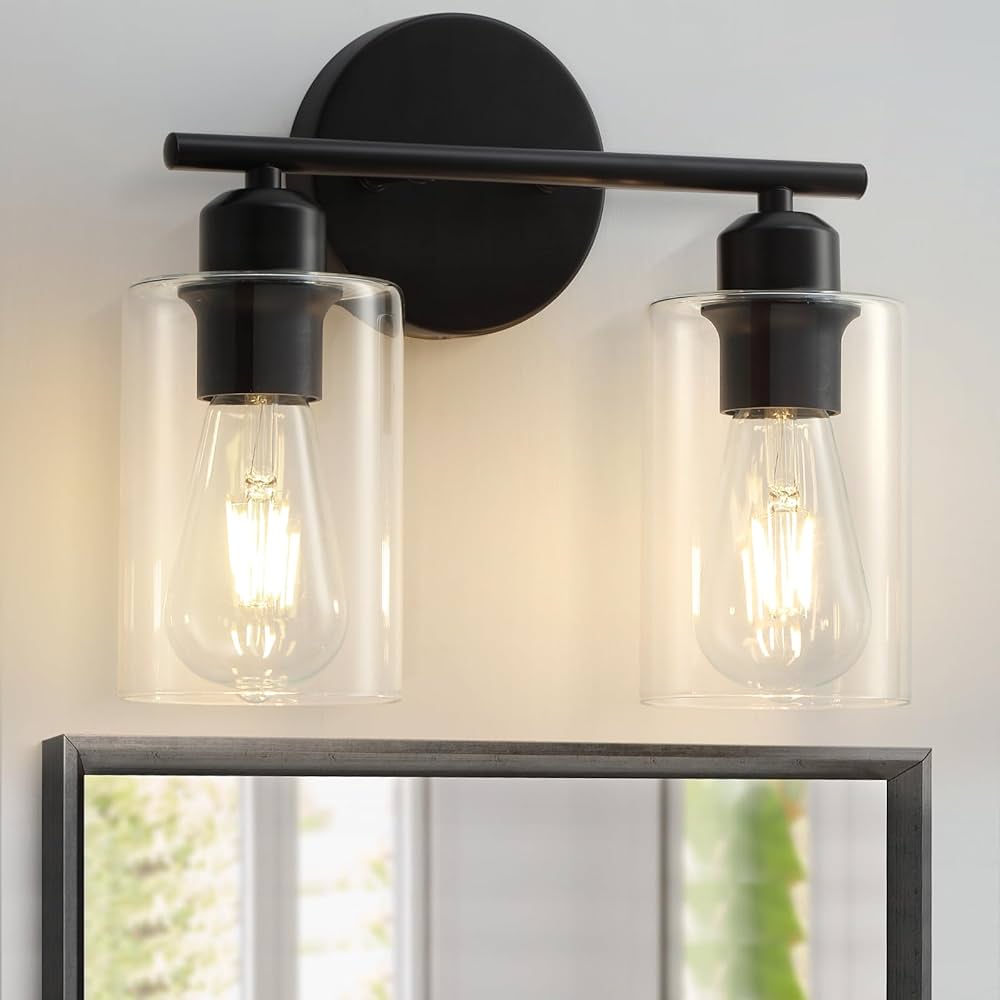 2-Light Bathroom Light Fixtures, Matte Black Bathroom Vanity Lights, Bathroom Lighting Fixtures Over Mirror with Clear Glass Shade, Wall Sconce Light for Bedroom, Living Room and Hallway