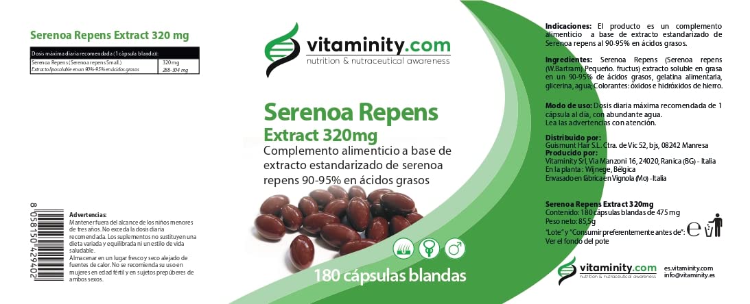 Vitaminity Serenoa Repens Extract 320mg - Saw Palmetto - Complemento alimenticio a base de serenoa repens extracto estandarizado al 90-95%