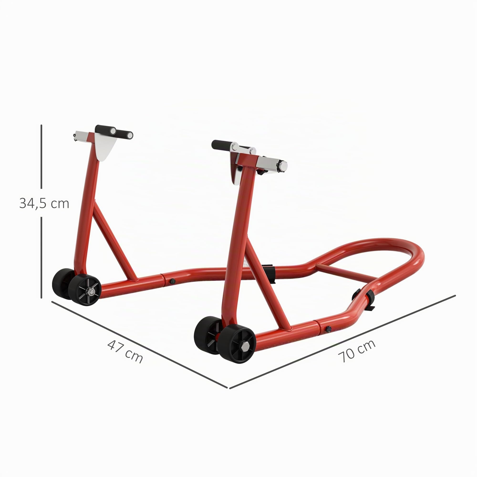 HOMCOM Caballete de Moto Soporte Delantero Universal Rueda 10" 17" 18" | Acero, Carga 200 kg, Horquillas en U y L Ajustables, Ruedas, Almohadillas Antideslizantes, Reparación en Garaje
