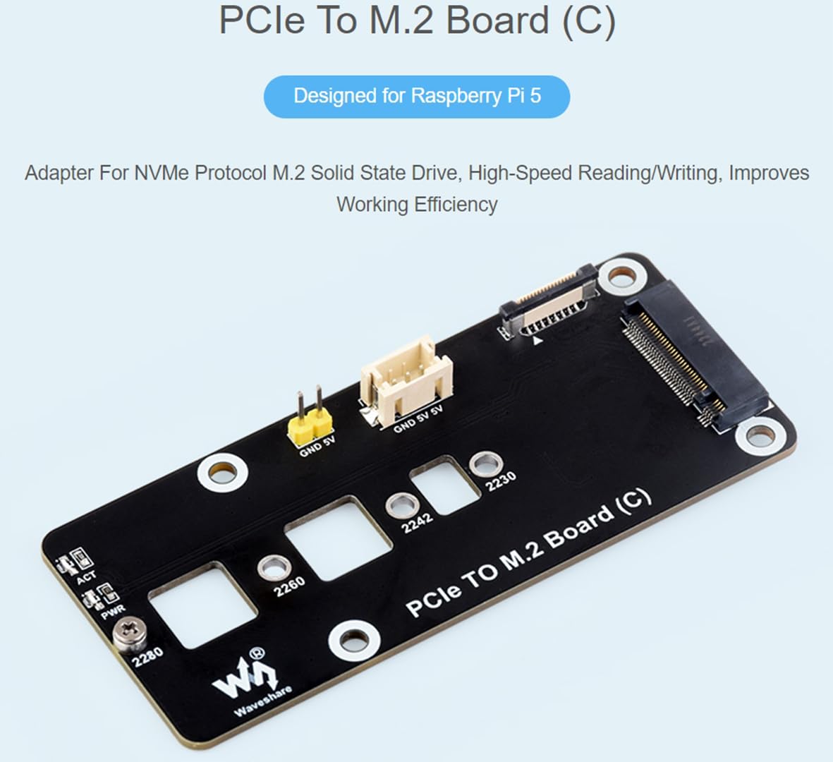 Waveshare PCIe To M.2 HAT Package A, Compatible With Raspberry Pi 5, High-Speed Reading/Writing, HAT + Standard, Supports NVMe Protocol M.2 Solid State Drive, Comes With A Pi5 Cooler
