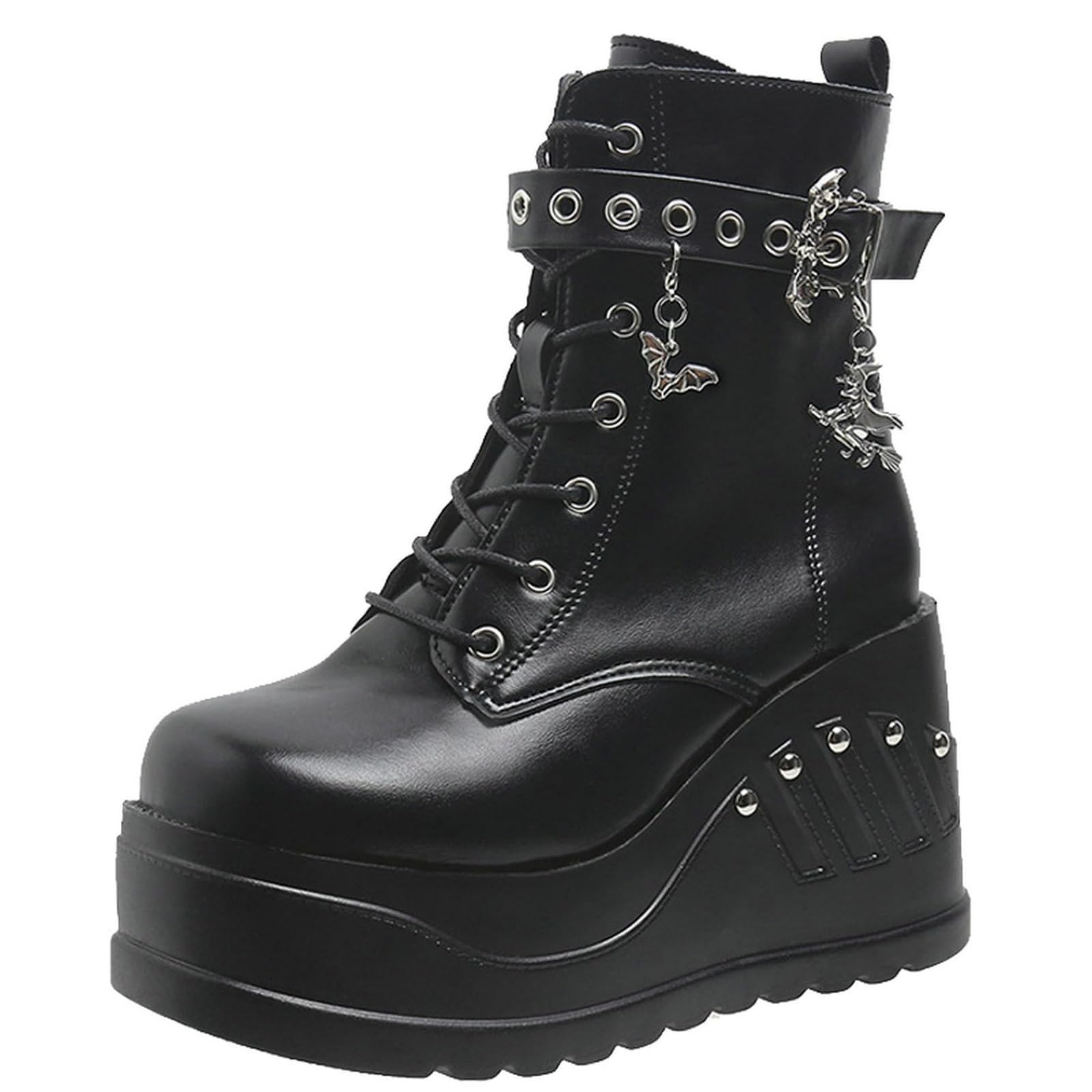 Platform Ankle Boots for Women Chain Buckle Lace Up Round Toe Platform Booties Side Zipper Goth Boots Punk