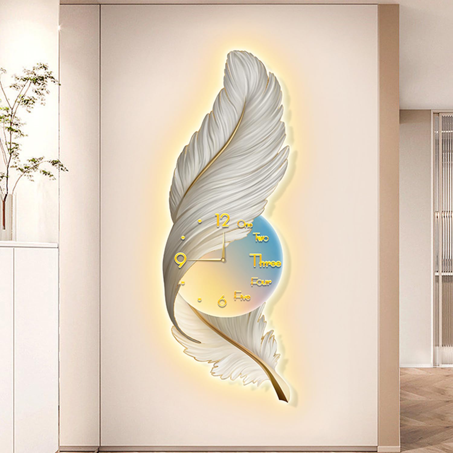 LMYSXAOZ Feather Wall Light Decor, Creative Clocks, Modern Hanging Art Sculpture, Large Sconce for Home Entrance Cafe Decoration,B,35 * 100cm