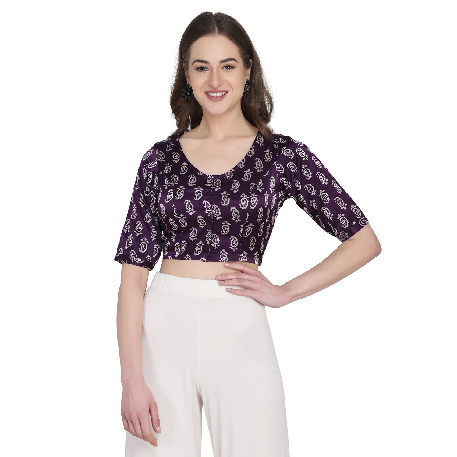 THE WEAVE TRAVELLERWomen Purple White Printed Readymade Mashru Saree Blouse