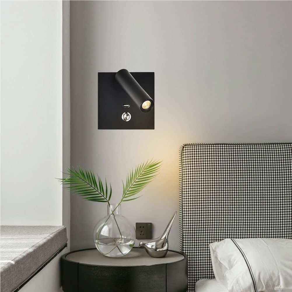 LED Gold Wandleuchte mit Schalter und USB Ladeanschluss Innen Wandlampe Drehbare 3000K Warmweiß Spotlight Runde Nachttischlampe Wand Leselicht für Gemälde Schlafzimmer Wohnzimmer,Schwarz