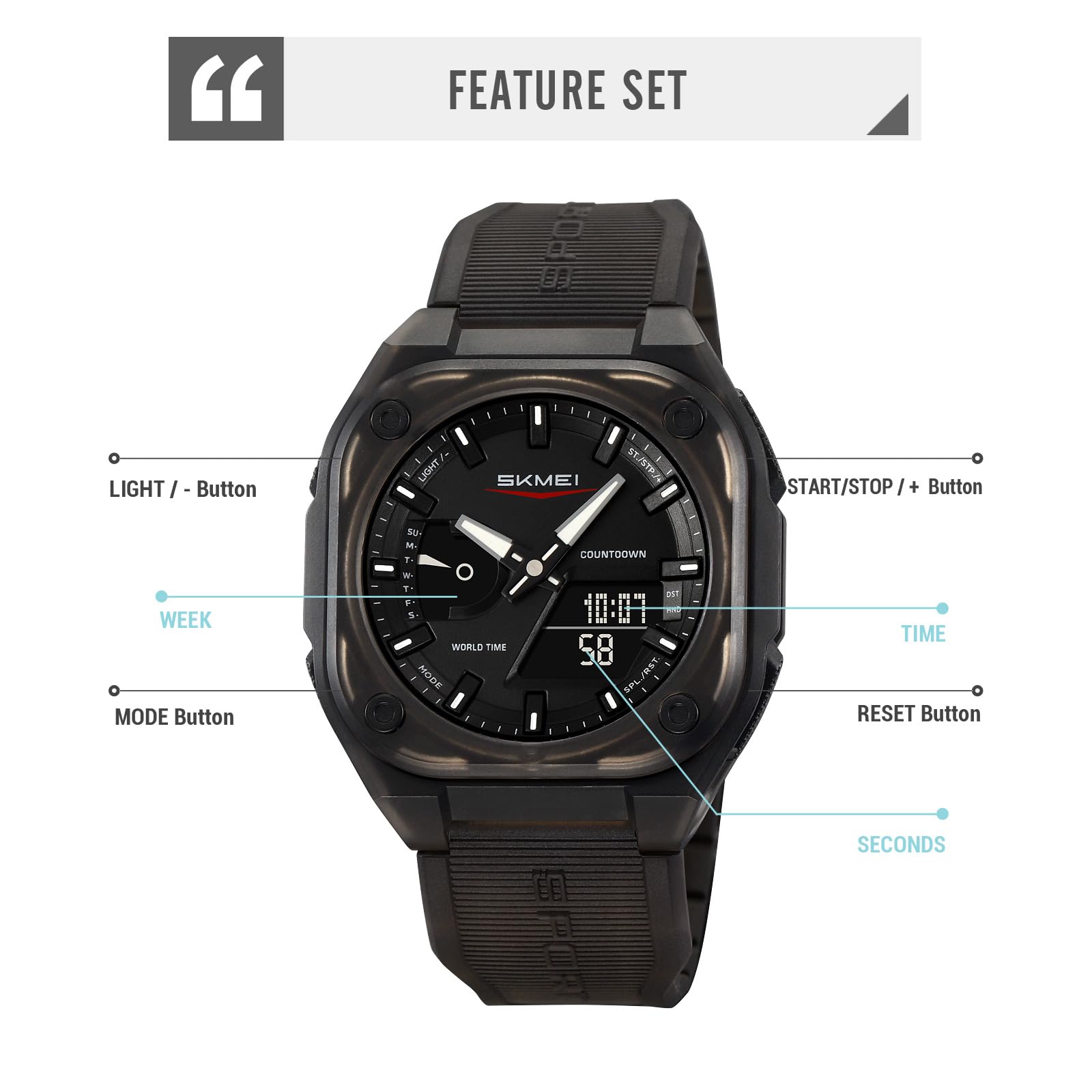 Montre de sport multifonctionnelle étanche style militaire sport extérieur étanche à 50 m avec affichage du jour et minuterie