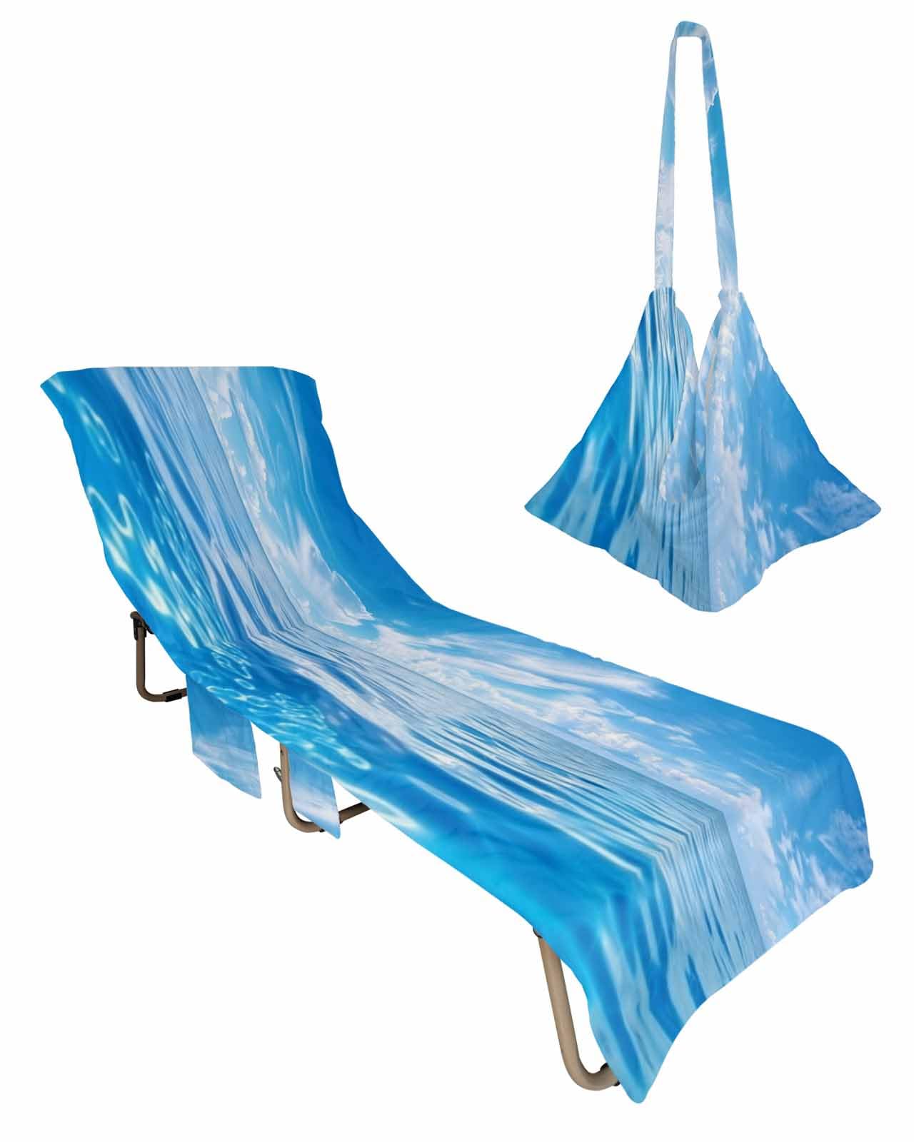 Blue Summer Beach Beach Lounge Chair Towel Cover, Soft Chaise Lounge Towel with Side Pockets Patio Pool Chairs Cover for Beach/Pool Sunbathing 29x85 Seaside Ocean Coastal Nautical