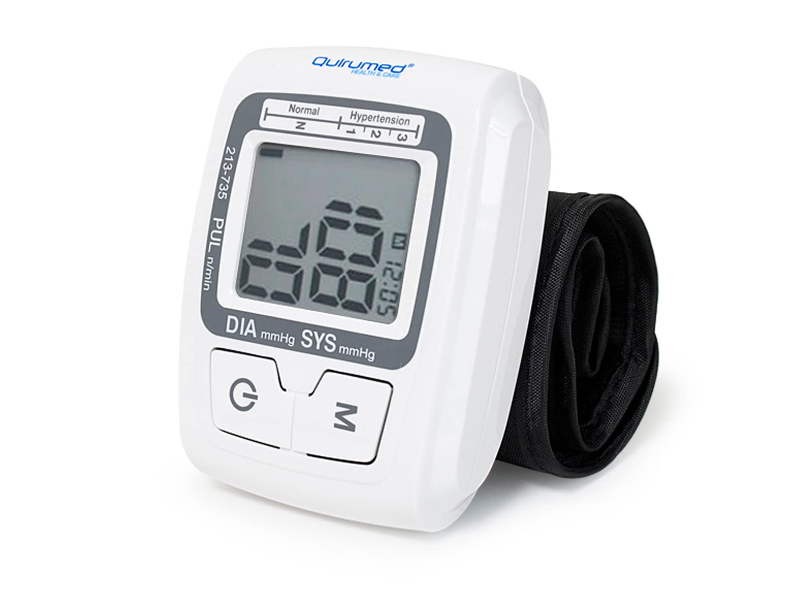 QUIRUMED Tensiómetro digital de muñeca, Esfigmomanómetro electrónico, Automático, Medición de la presión arterial, pantalla LCD, Manguito de 14-19.5 cm, 2 pilas AAA 1,5V