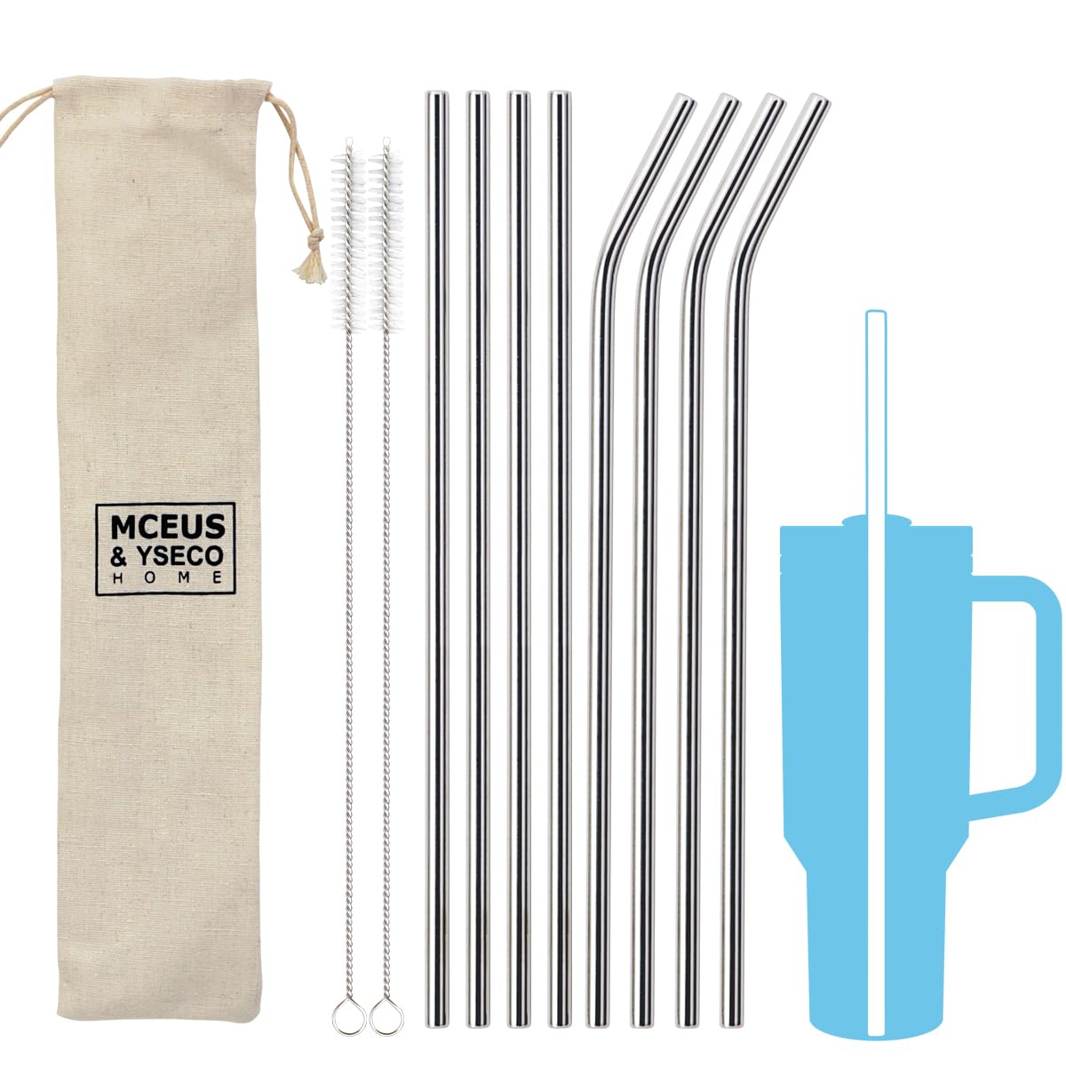 8 Pack Extra Long Metal Replacement Straws for Stanley 40oz Adventure Travel Tumbler, 304 Stainless Steel Reusable Drinking Straws with Clean Brush Compatible with Stanley Quencher 40oz Tall Tumbler