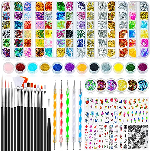 MENOLY Nail Art Kit for Beginners, Nail Art Supplies with Nail Art Brushes, Nail Dotting Pens,Nail Transfer Stickers, Round Shell Stickers,Glitter Powder,Nail Sequins Nail Rhinestones,DIY Nail Designs