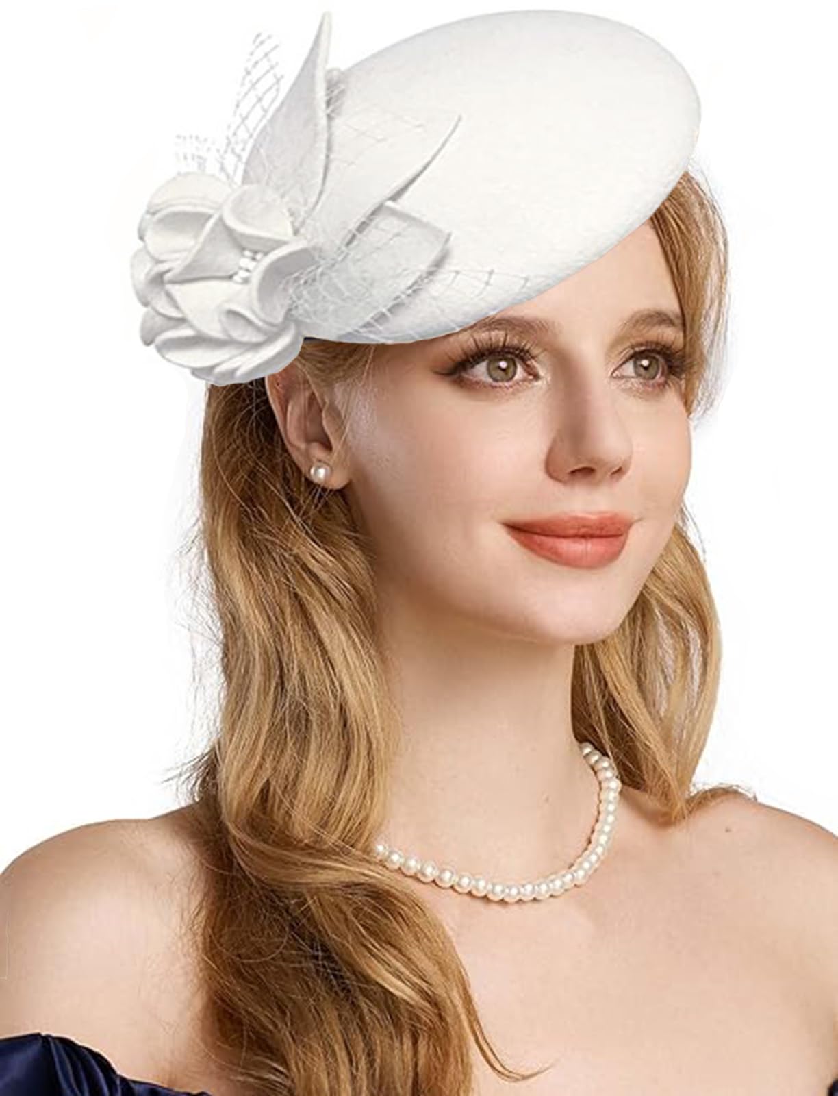 Rzta Women's 02-White Vintage 100% Wool Felt Cloche Bucket Bowler Hat Winter Vintage Bow Fedoras Church Fascinator, One Size