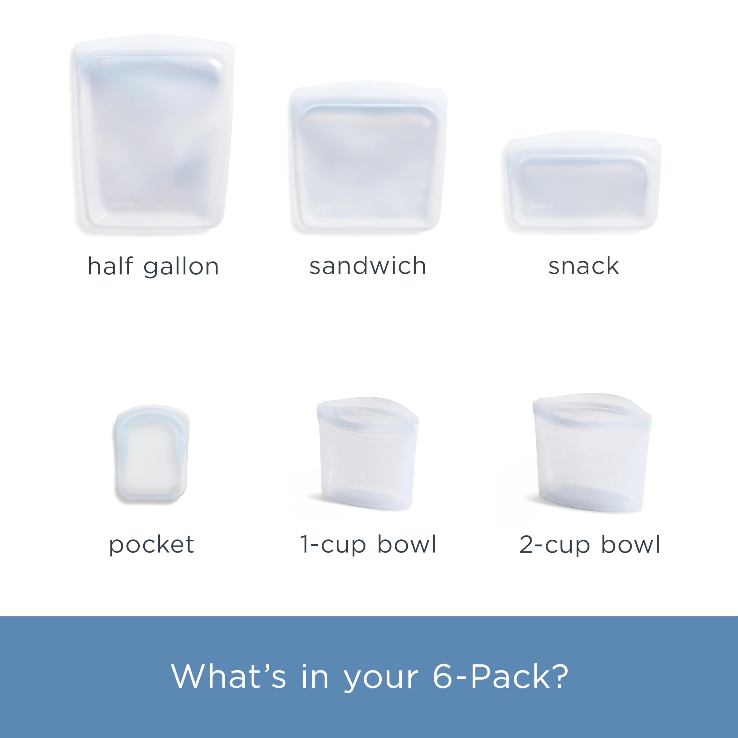 Stasher Paquete de 6 transparentes: bolsillo, cuenco de 1 taza, sándwich, cuenco de 2 tazas, medio galón, aperitivo | Bolsas reutilizables para alimentos