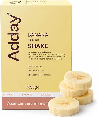 Adday High Protein Meal Replacement Shake Banana- 7 Complete Meals- 20g Protein, 26 Vitamins- Low Calorie Total Diet Replacement- Gluten Free, Halal, Kosher