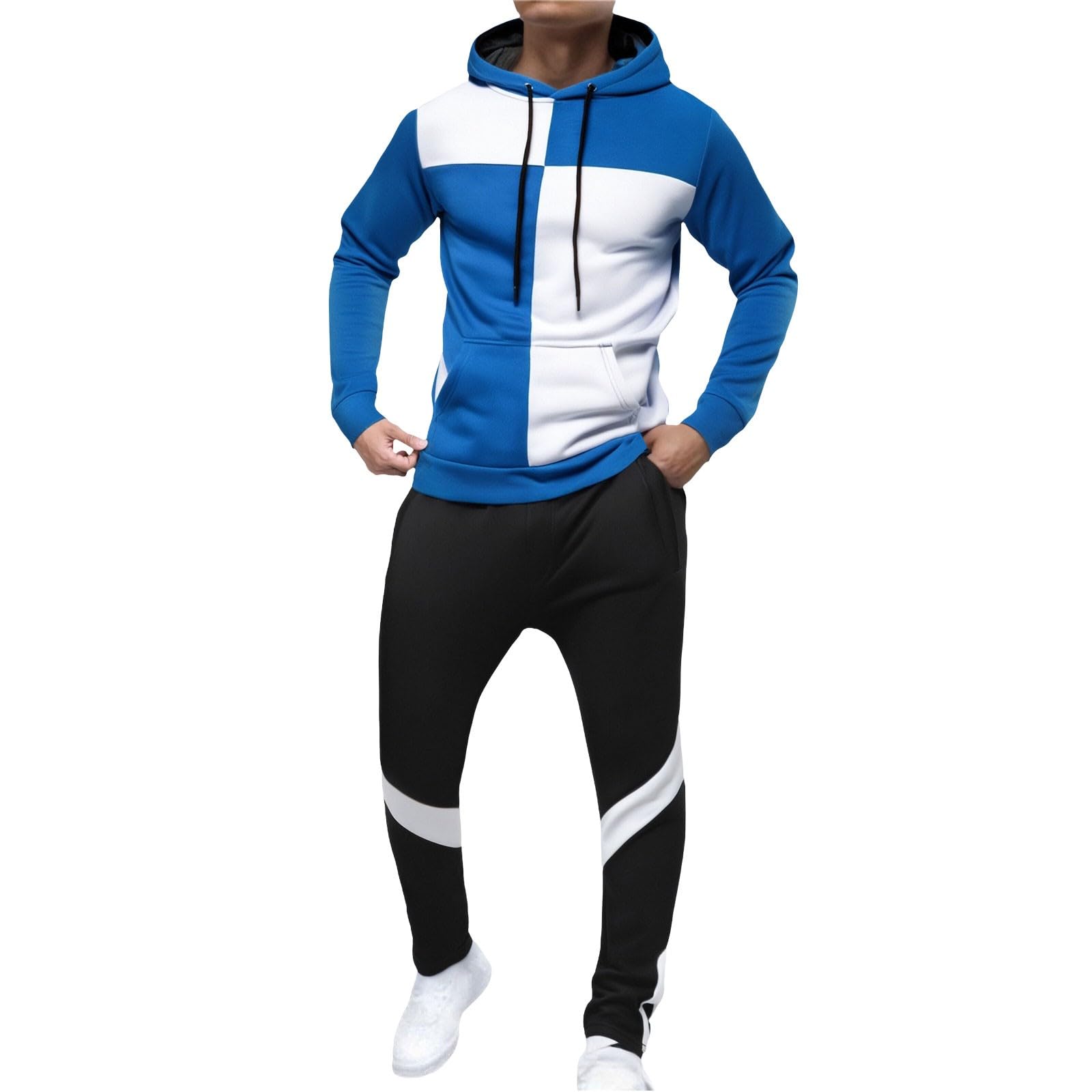 Generisch Tuta da allenamento da uomo, in due pezzi, con cappuccio bicolore e pantaloni da jogging da uomo, per il tempo libero, per il fitness, palestra, set classico Activewear