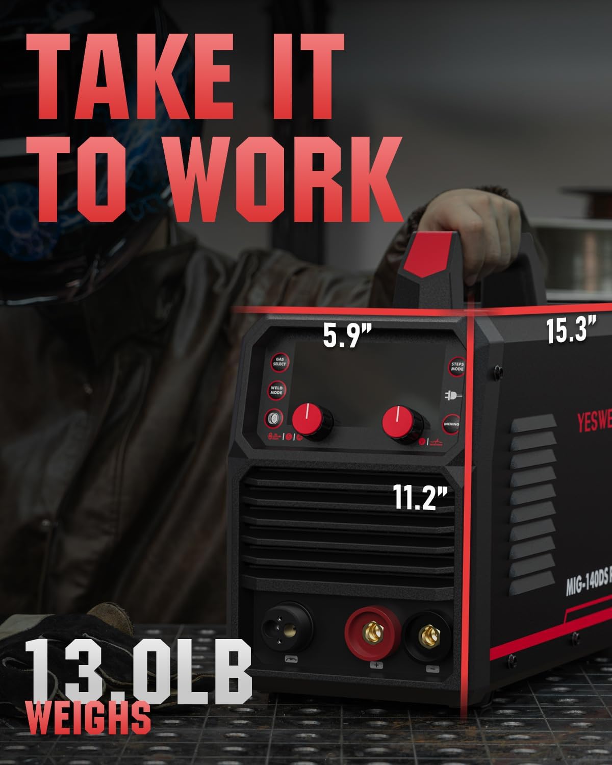 YESWELDER MIG-140DS PRO with dimensions and weight