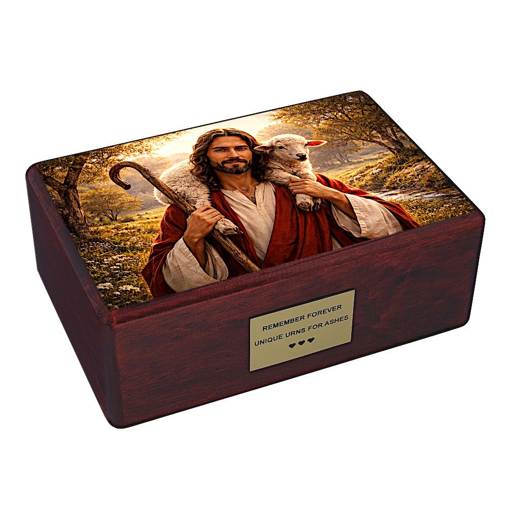 Religious Wooden Urn for Adult Ashes – Catholic Cremation Urn Featuring Jesus the Good Shepherd
