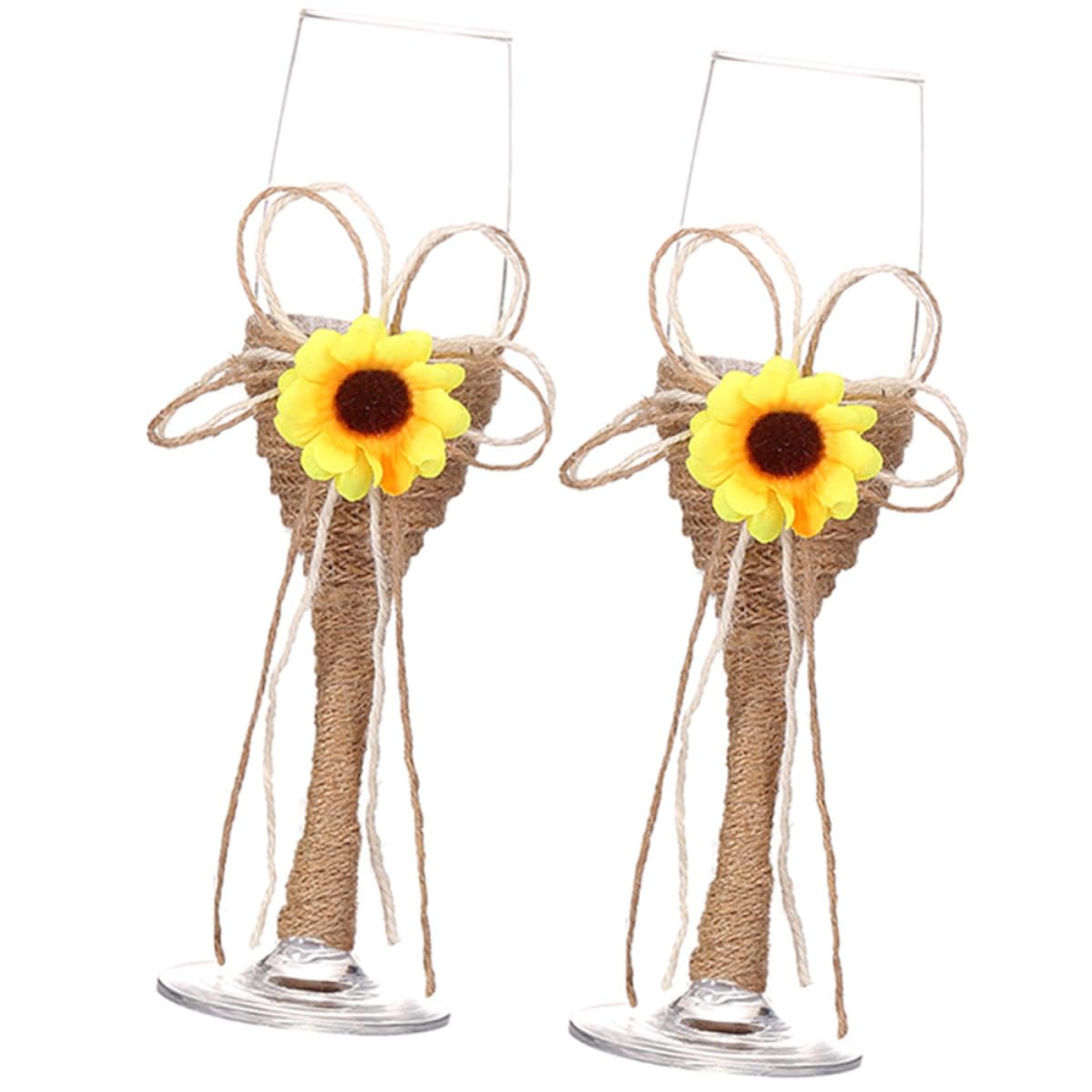 Copas de cristal de girasol rústicas con cuerda de cáñamo para bodas
