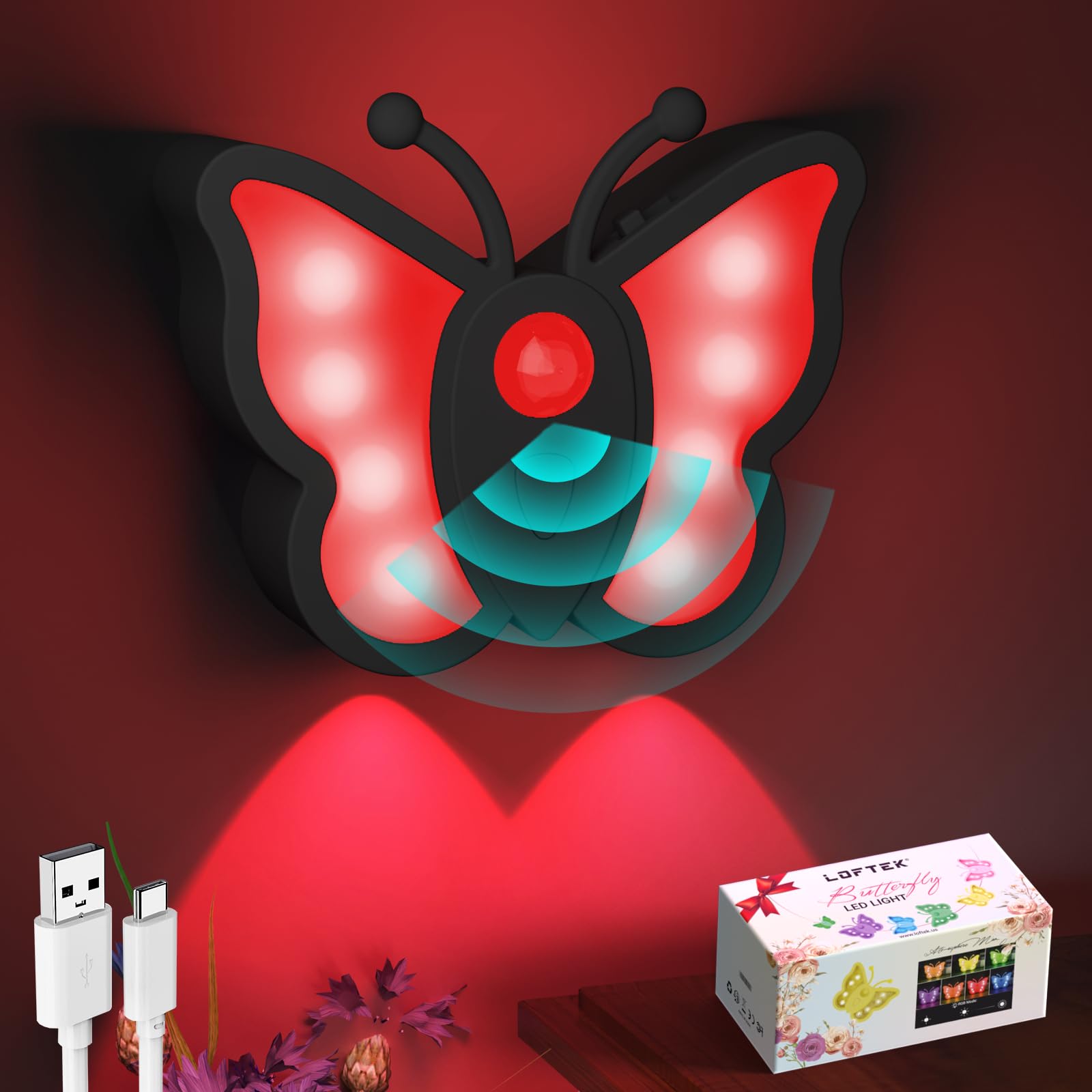 LOFTEK Rechargeable Motion Sensor Night Light, RGB Color Changing &amp; Dimmable Butterfly Night Light for Kids, Wireless Stick on Wall, Bedside, Bathroom, Hallway, Stairs, Cabinet, Black