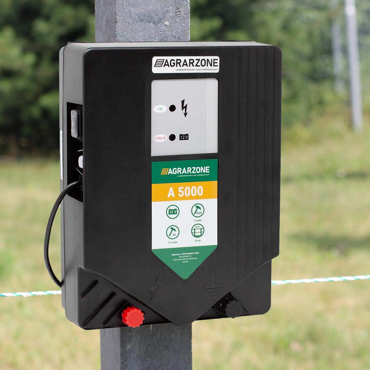 Agrarzone Elettrificatore per recinzione elettrica A5000 12V, 7,4 Joule | Dispositivo per la recinzione elettrica dei pascoli con alimentazione a batteria | Dispositivo per per pascoli mobili