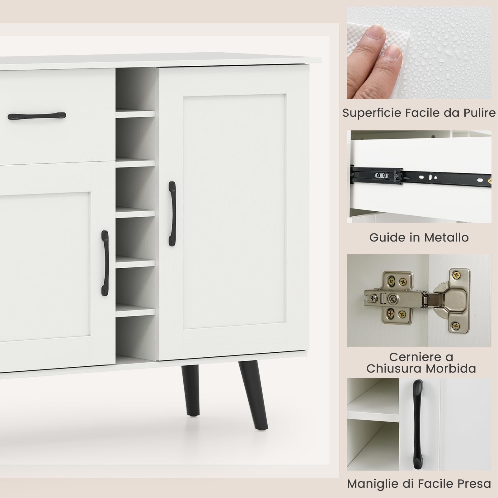 RELAX4LIFE Mobile Bar per Vino, Credenza con 2 Ante e 1 Cassetto, Porta Bottiglie da 6, Ripiani Regolabili, Credenza con Spazio per Vino per Cucina, Sala da Pranzo, Soggiorno