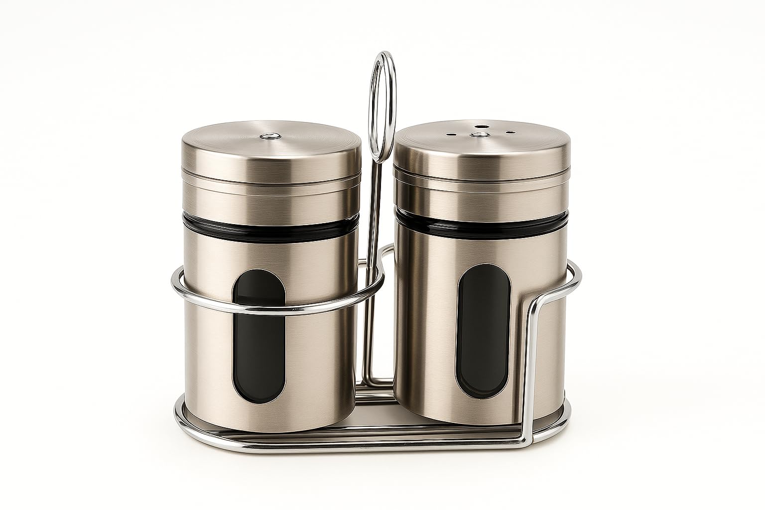 Arrozon Spice Jar Stainless Steel & Glass with Holder Stand | Salt & Pepper Shaker| Oregano,Chilli Flakes, Sugar, Seasoning Sprinkler| Air Tight Container | Masala Box Dabbi Set of (1)