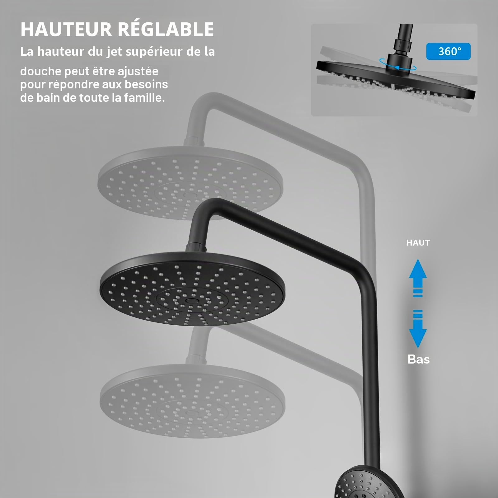 KOMIRO Colonne de Douche Noir, Ensemble de Douche avec Mitigeur Thermostatique, Réglable en Hauteur, Rond, Montage Mural, Ensemble de Salle de Bain