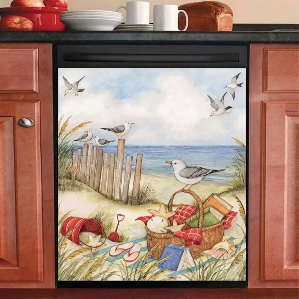Summer Starfish Shell Beach Dishwasher Magnet Cover, Seaside Birds Rustic Floral Sweet Magnetic Sticker Front Door Decal Panels for Kitchen Appliances Refrigerator Decorative 23x26inch