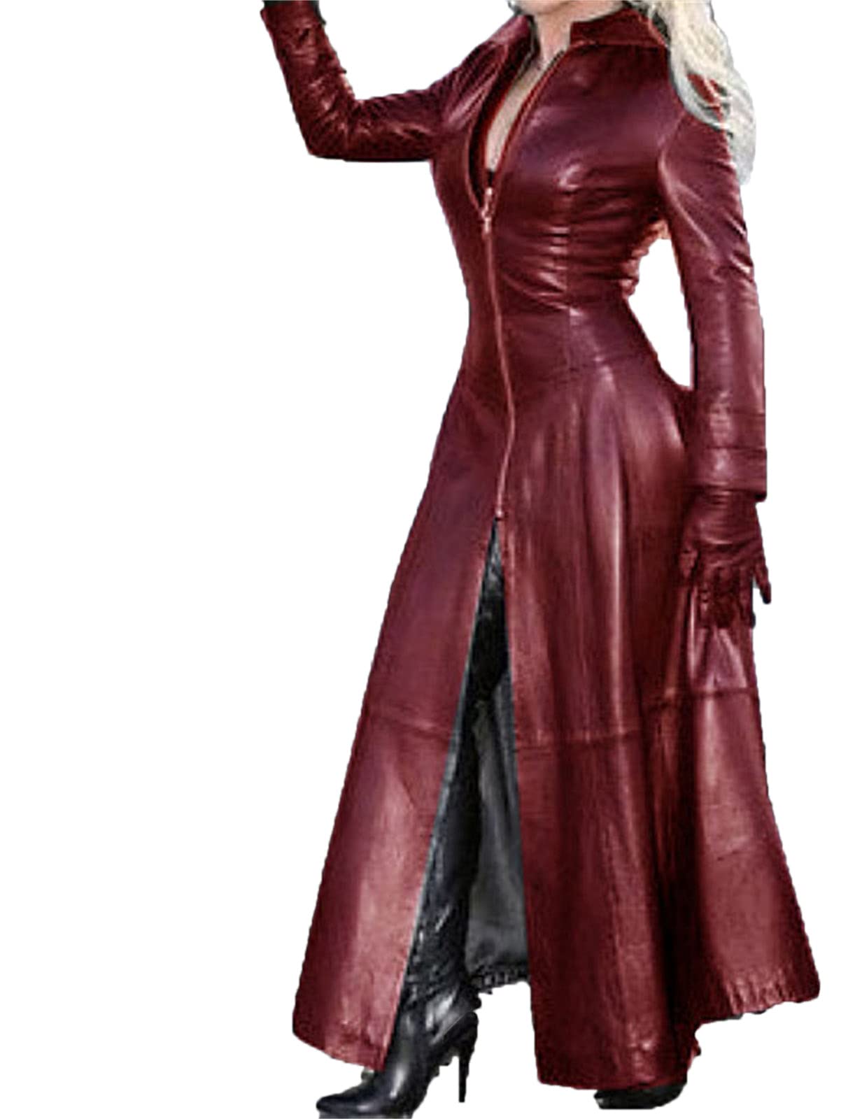 each women Womens Full Length Green Leather Trench Coat Ladies Windbreaker Long Faux Leather Overcoat Jacket