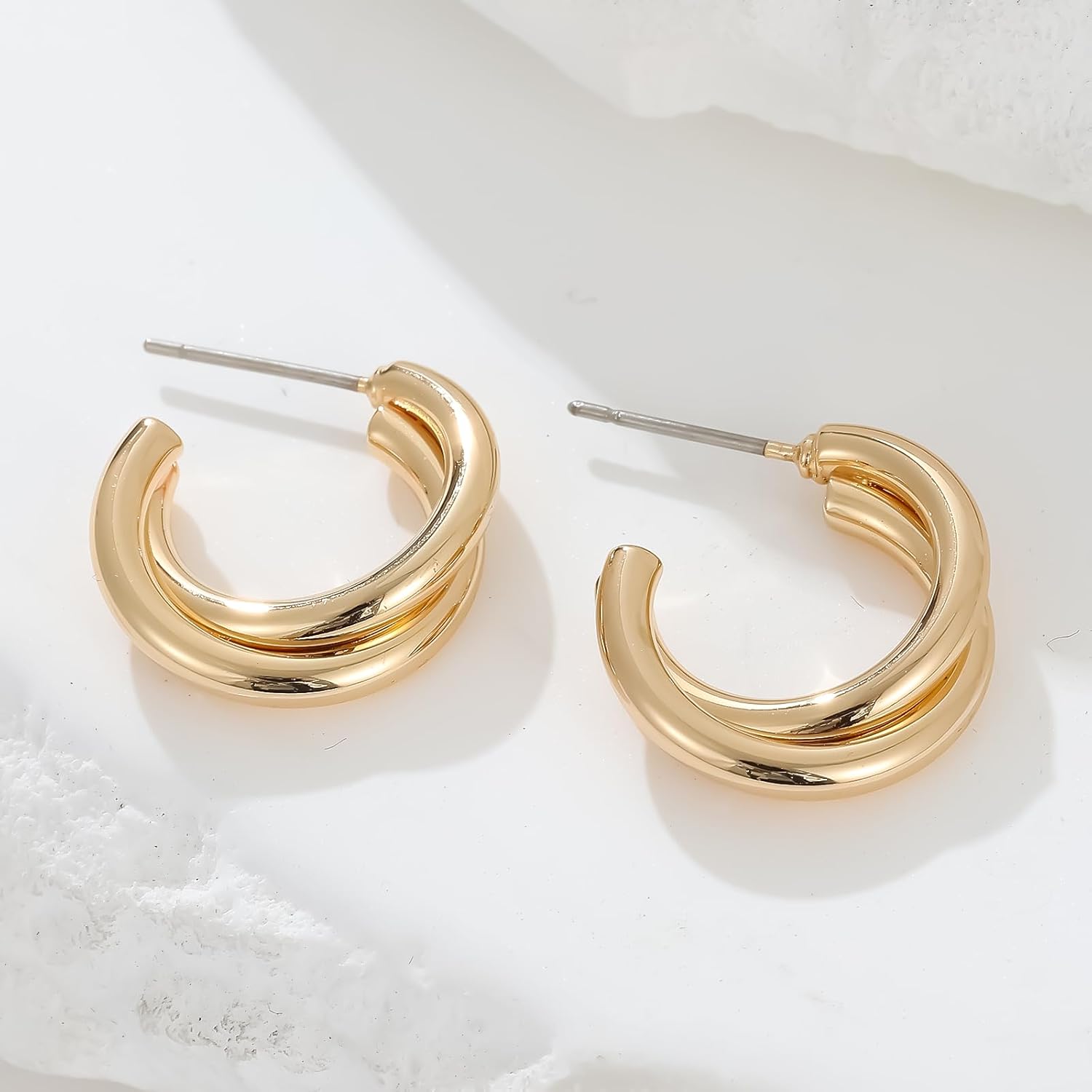 Gold Twisted Hoop Earrings,14K Gold Plated Lightweight Triple/Double Overlapping Hoop Earrings for Women - Image 2
