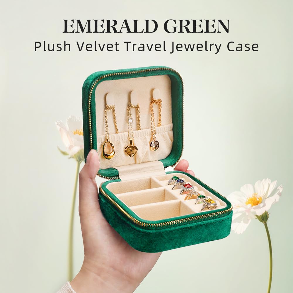 TAIMY Reise-Schmuckschatulle aus Plüschsamt, klein, tragbar, Mini-Schmuck-Organizer-Boxen für Ringe, Ohrringe, Halsketten, Armbänder (Smaragdgrün, ohne Spiegel)
