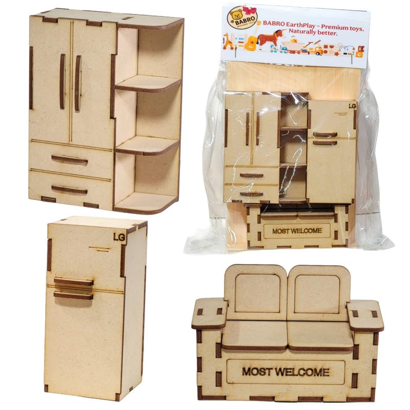 BABRO - Wooden Miniature Furniture Toy Set – Fridge, Wardrobe & Sofa | Wooden Dollhouse Accessories for Kids | Pretend Play Educational Wooden Toys-picture-15